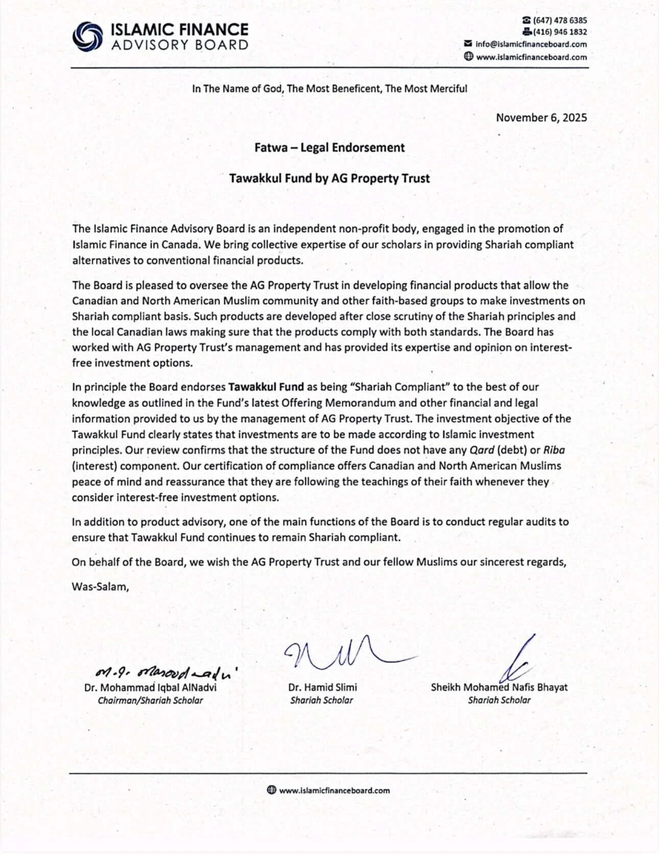 Fatwa document endorsing Tawakkul REIT for Shariah-compliant real estate investment