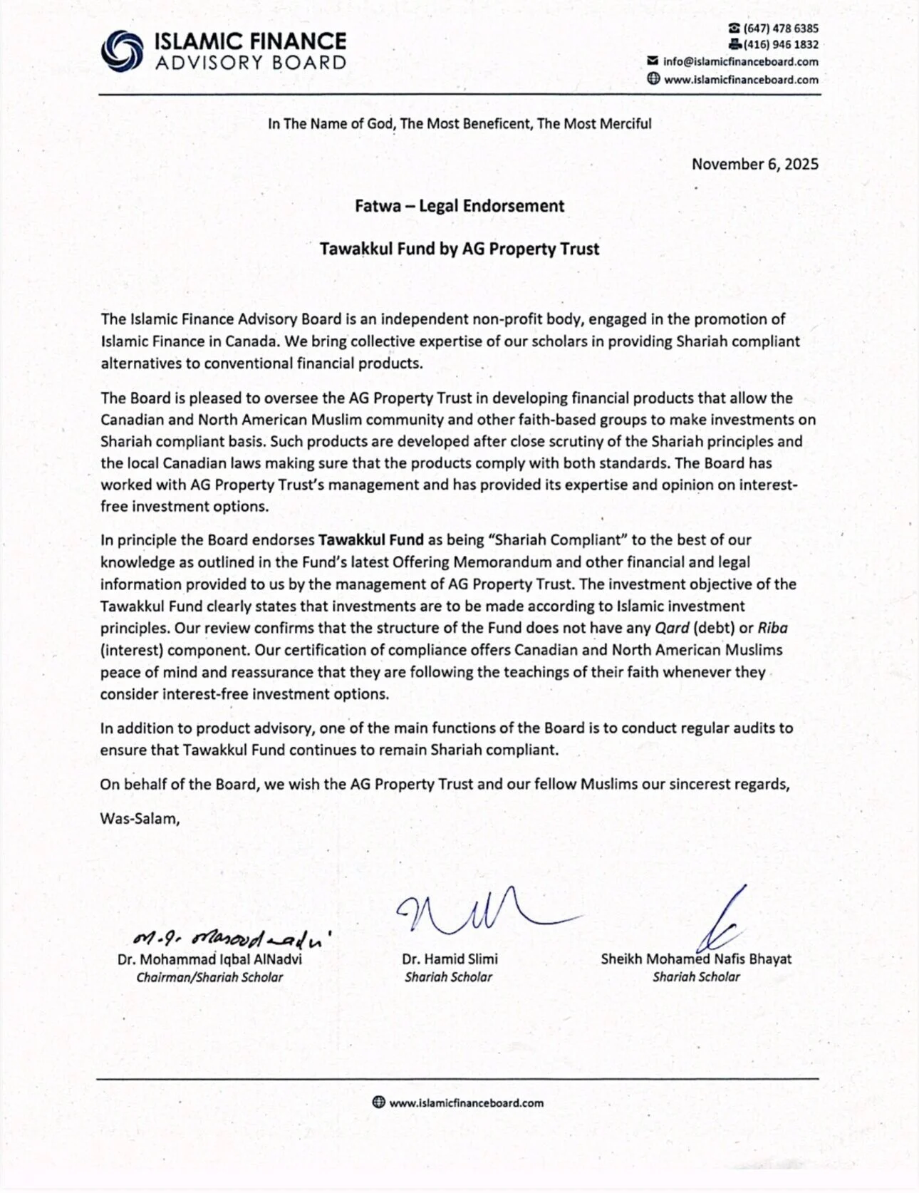 Fatwa document endorsing Tawakkul REIT for Shariah-compliant real estate investment.